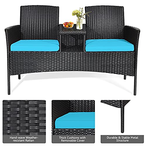 LDAILY Patio Conversation Set, Modern Rattan Loveseat, Outdoor Furniture Set with Removable Cushions & Table, Patio Wicker Sofa Set, Tempered Glass Top, Ideal for Garden Lawn Backyard