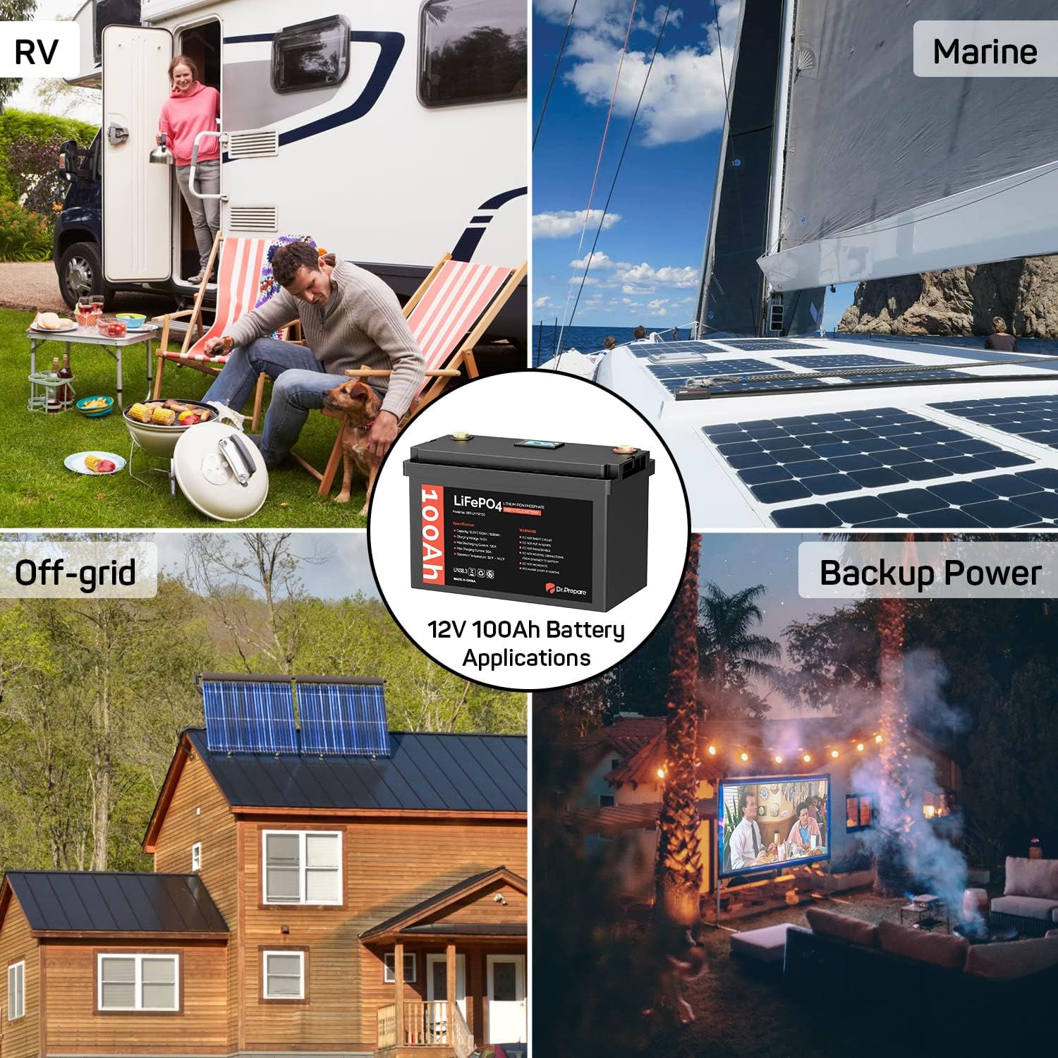 Dr. Prepare 12V 100Ah LiFePO4 Lithium Deep Cycle Battery with Monitor Screen, Rechargeable Lithium Iron Phosphate Battery, Built-in 100A BMS, Perfect for RV, Solar Power, Off-Grid Applications