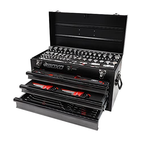 BOXO USA Heavy Duty 159 pcs Metric & SAE Tool Set with 3 Drawers Carry Box