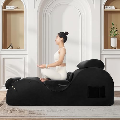 Chaise Lounge Chair for Yoga, Chaise Lounge with Headrest, Waist Pad, Foot Pad, Washable Cover Side Pockets Non-Slip Bottom, Yoga Chair for Relaxation Stretching, (Pink, X-L)