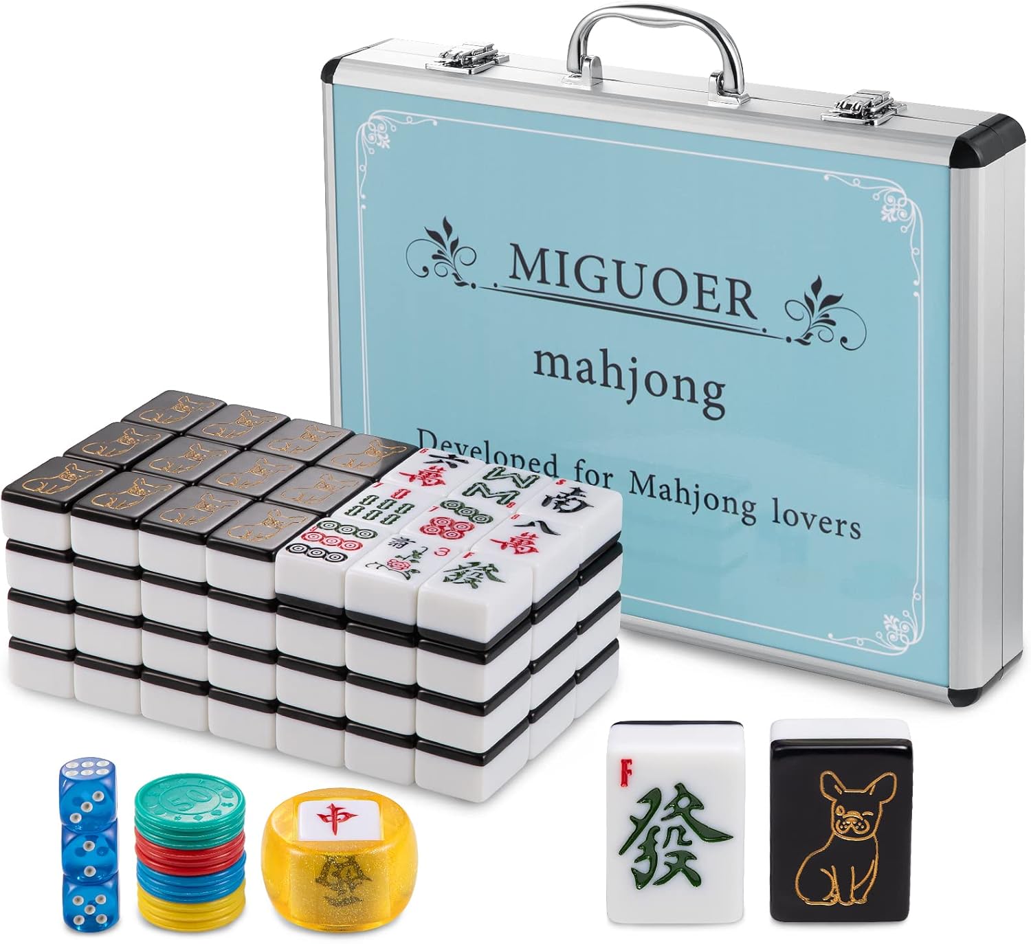 Chinese Mahjong Set with 144 Tiles|Patterned on The Back|with Arabic Numerals|with Wind Indicator, dice and Chips,Weighs About 15 pounds