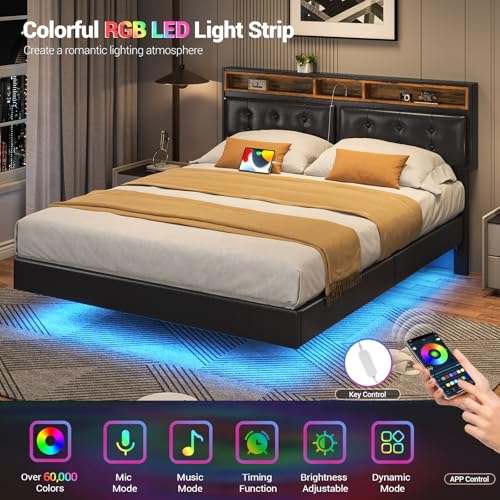 Hasuit California King Floating Bed Frame with LED Lights, California King Bed Frame with Headboard and Charging Station, Cal King Bed Frame No Box Spring Needed, Easy to Assemble, Faux Leather Black