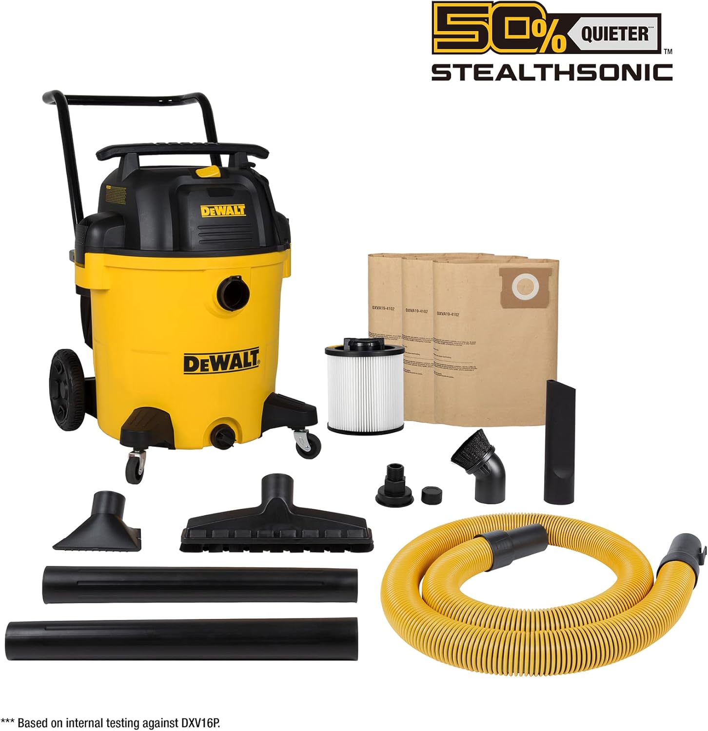 DEWALT 16 Gallon STEALTHSONIC Poly Wet/Dry Vacuum, DXV16P-QTA Newest Noise Reduction Vac, Heavy Duty Shop Vacuum for Jobsite/Workshop, Reduce Motor Noise, Yellow