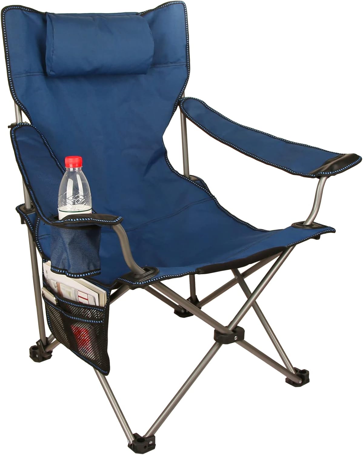 Lawn Chairs Folding Adjustable Recliner Camping Chairs for Outside Lightweight Camp Chair with Headrest & Cup Holders & Side Pocket Outdoor Chair for Camping BBQ Beach Travel Picnic Festival Blue