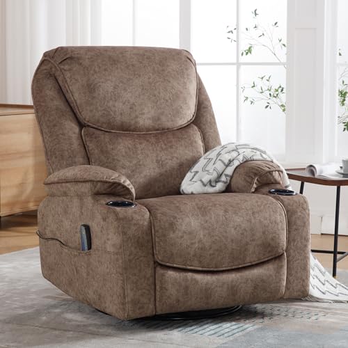 Swivel Rocker Recliner Chair, Power Reclining Chair Breathable Leather Recliner for Adults with Cup Holders and USB Port, Oversized Glider Rocking Recliner for Living Room, Dark Brown