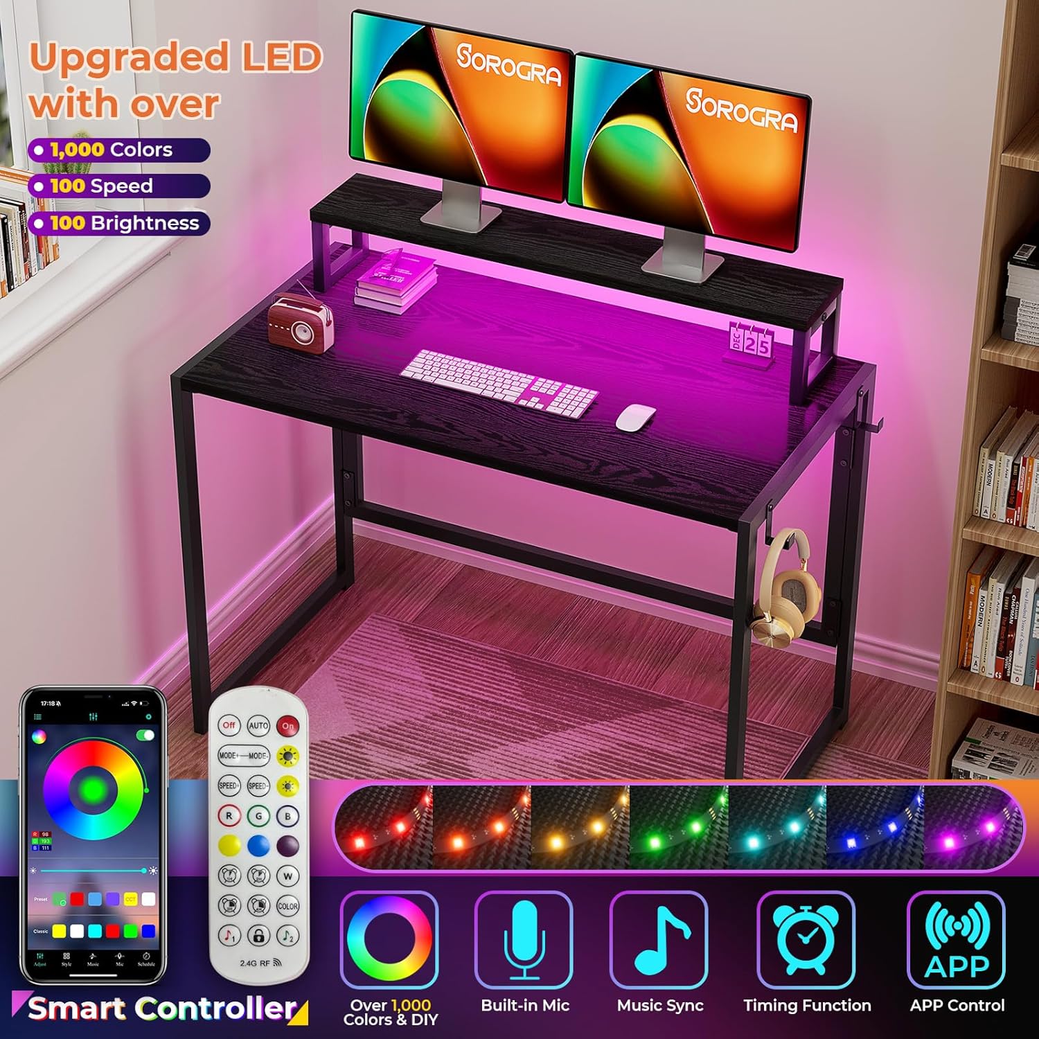 Coavas 31.5 inch Folding Desk No Assembly Required, SOROGRA Folding Desk Small Foldable Desk 39.4 inch with Led Lights