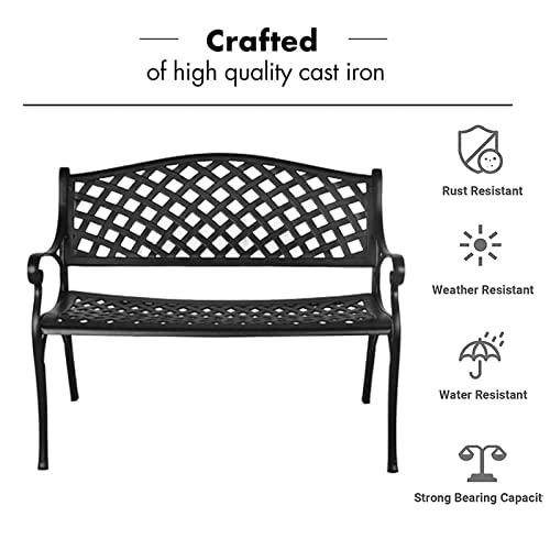 Outdoor Patio Garden Bench All-Weather Cast Aluminum Loveseats Park Yard Furniture Porch Chair Work Entryway Decor w/Checkered Design (Black)