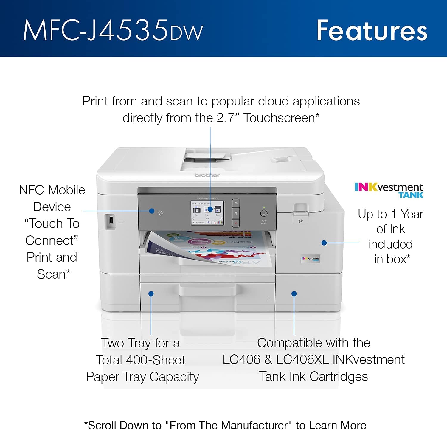 Brother MFC-J4535DW INKvestment Tank All-in-One Color Inkjet Printer with NFC, Auto 2-Sided Printing, Print Scan Copy Fax, Built-in wireless, 4800 x 1200 dpi, White - Bundle with JAWFOAL Printer Cable
