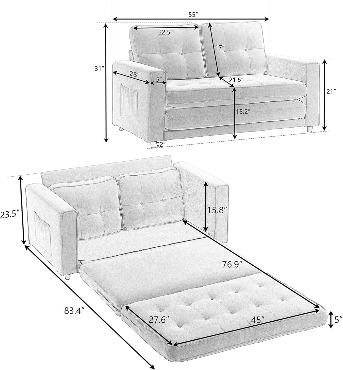 CITYLIGHT 3 in 1 Folding Sofa Bed with 2 Storage Pockets, Linen Convertible Foldable Couch Bed, Loveseat Sleeper Sofa, Folding Couch Bed for Small Spaces, Couches for Living Room, Apartment,Dark Gray
