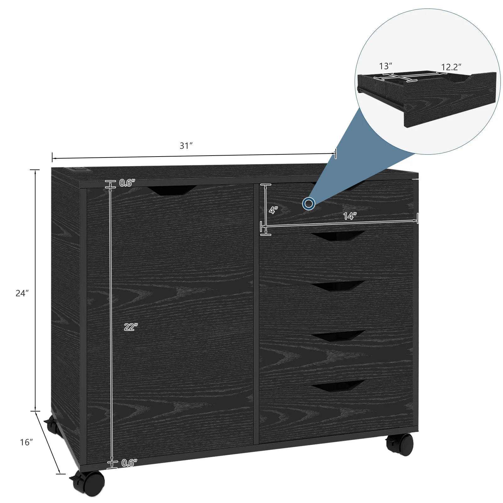 Natwind 5-Drawer Wood File Cabinet, Mobile Lateral Filing Cabinet, Rolling Printer Stand with Charging Station and Open Storage Shelves for Home Office (Black)