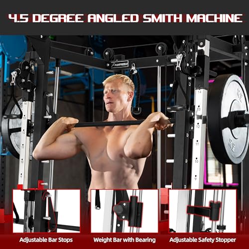 Smith Machine Home Gym with Cable Crossover, All-in-ONE Trainer Power Cage Smith for Strength Training