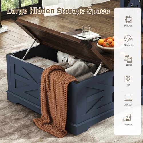 36" Farmhouse Movable Lift Top Coffee Table with Storage and Power Outlets, Square Wood Living Room Tables with Wheels&Large Hidden Space, Lift Wooden Barn Door Center Table, White