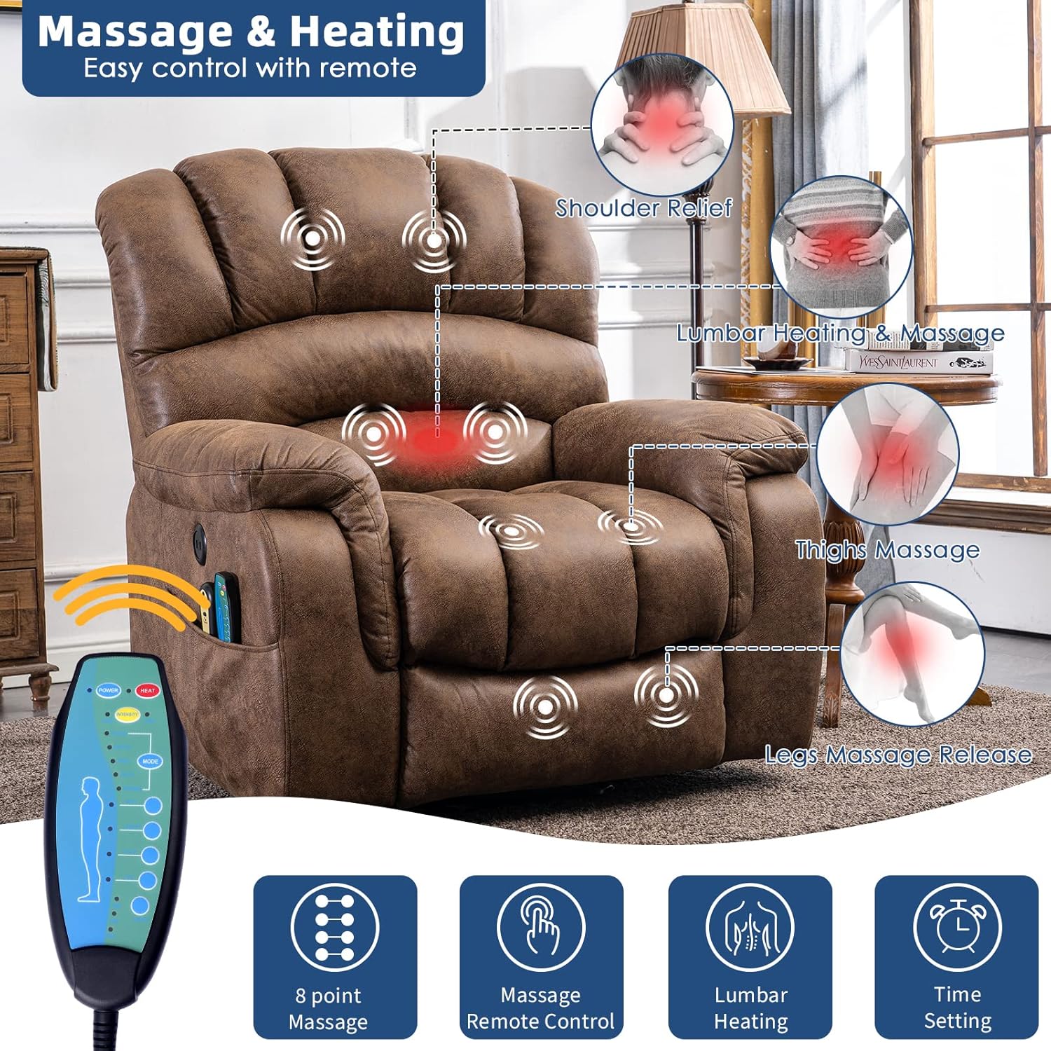 Large Electric Power Lift Recliner Chair for Elderly Big People, Heated Massage Motorized Reclining Sofa, Wide Recliners with 2 Remote Controls, Side Pockets & USB Ports, Brown