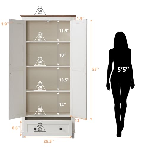 AMERLIFE 72" Tall Kitchen Pantry Storage Cabinet, Farmhouse Food Pantry Cabinet for Kitchen, Dining Room, Living Room, Adjustable Shelves and Drawer, White