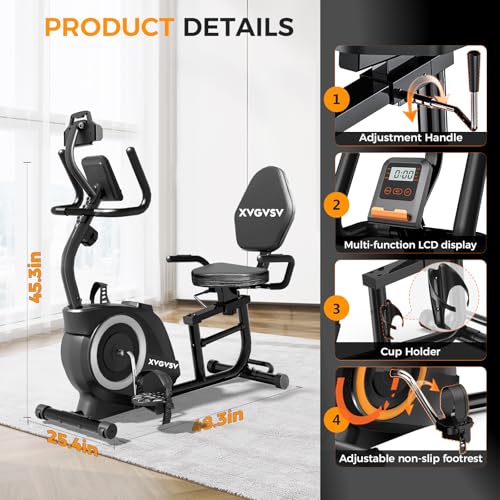 Recumbent Exercise Bike, Recumbent Stationary Bike for Home, Recumbent Bike with 400LB Weight Capacity Whisper-Quiet 16 Levels Magnetic Resistance Heart Rate Handle and Multi-Function LCD Comfortable Seat