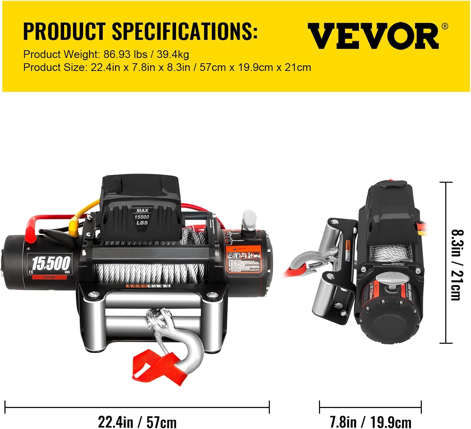 VEVOR Truck Winch 15500lb Load Capacity Compatible with Cable Steel 12V Power Winch with Wireless Remote Control
