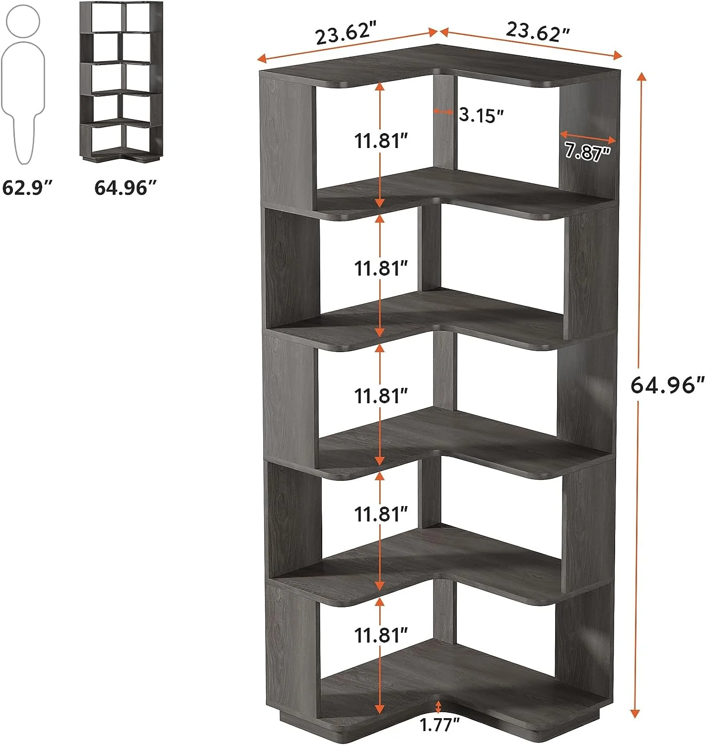 Tribesigns 6 Tier Corner Bookshelf, 64.9" Tall Industrial Bookcase with Anti drop Panel, Grey Corner Shelf for Home Office