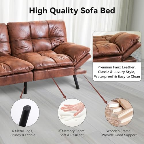 Futon Sofa Bed, Faux Leather Futons, Memory Foam Futon Couch, Convertible Sleeper Sofa, Modern Loveseat Couch Bed for Living Room, Apartment, Office, Dormitory, Brown, Updated Quality