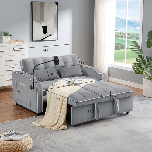 3-in-1 Velvet Pull Out Couch in 3 Lengths,with Adjustable Backrest, Storage Pockets & Pillows Convertible Sleeper Sofa Bed