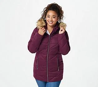 Nuage Stretch Diagonal Quilted Coat with Removable Hood, Size 1X, Dark Purple