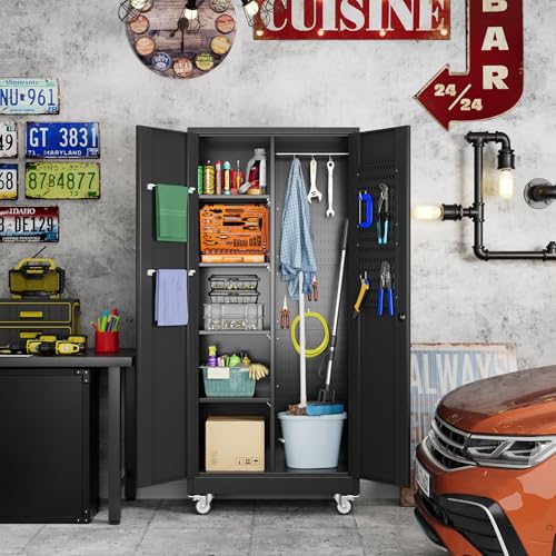 73" H Metal Storage Cabinet with Wheels, Garage Storage Cabinet with 4 Adjustable Shelves and Lockable Doors for Garage Home Office Utility Room,Required Assembly,Black