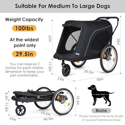R8 Extra Large Foldable Pet Stroller, Dog Stroller & Pet Trailer for Large Dogs Under 100 lbs, Unmovable, Disabled & Pregnant Dogs - Conveniently Carriable by Bike and Car, Black