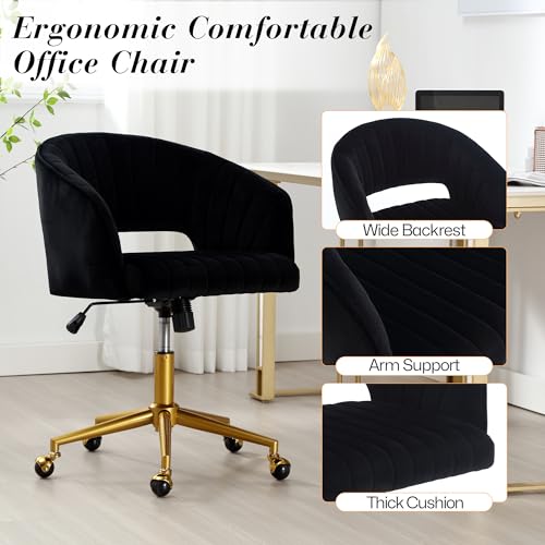 Home Office Swivel Desk Chair, Modern Corduroy Desk Chair, Height Adjustable Armchair with Gold Base, Ergonomic Office Chair for Living Room Vanity Study Computer Room, Black