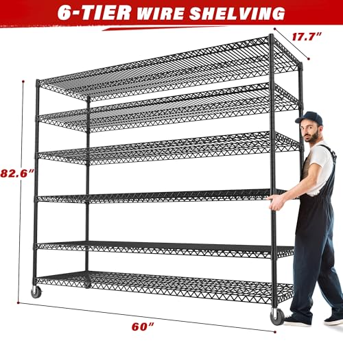 REIBII 60''W Storage Shelves, 4 Tier Steel Wire Shelving Unit on Wheels, 2500LBS Adjustable Metal Shelves for Kitchen, Pantry, Office, Garage, Closet, School Commercial Industrial Use