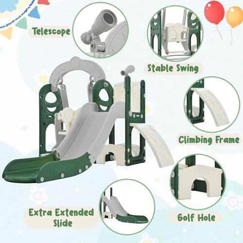 6 in 1 Toddler Slide with Swing Playset, Climbing Toys Indoor Outdoor for Toddlers 1-3, Kid Slide with Swing with Climber Basketball Hoop & Telescope, Freestanding Baby Playground