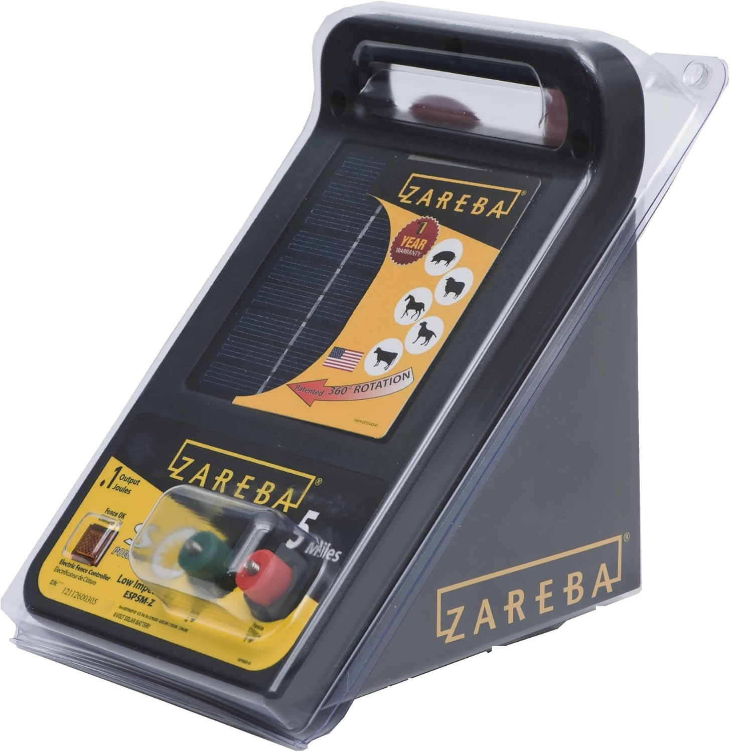 Zareba ESP5M-Z Solar Powered Low Impedance Electric Fence Charger - 5 Mile Lightning Electric Fence Energizer, Contain Animals and Keep Out Predators,Black