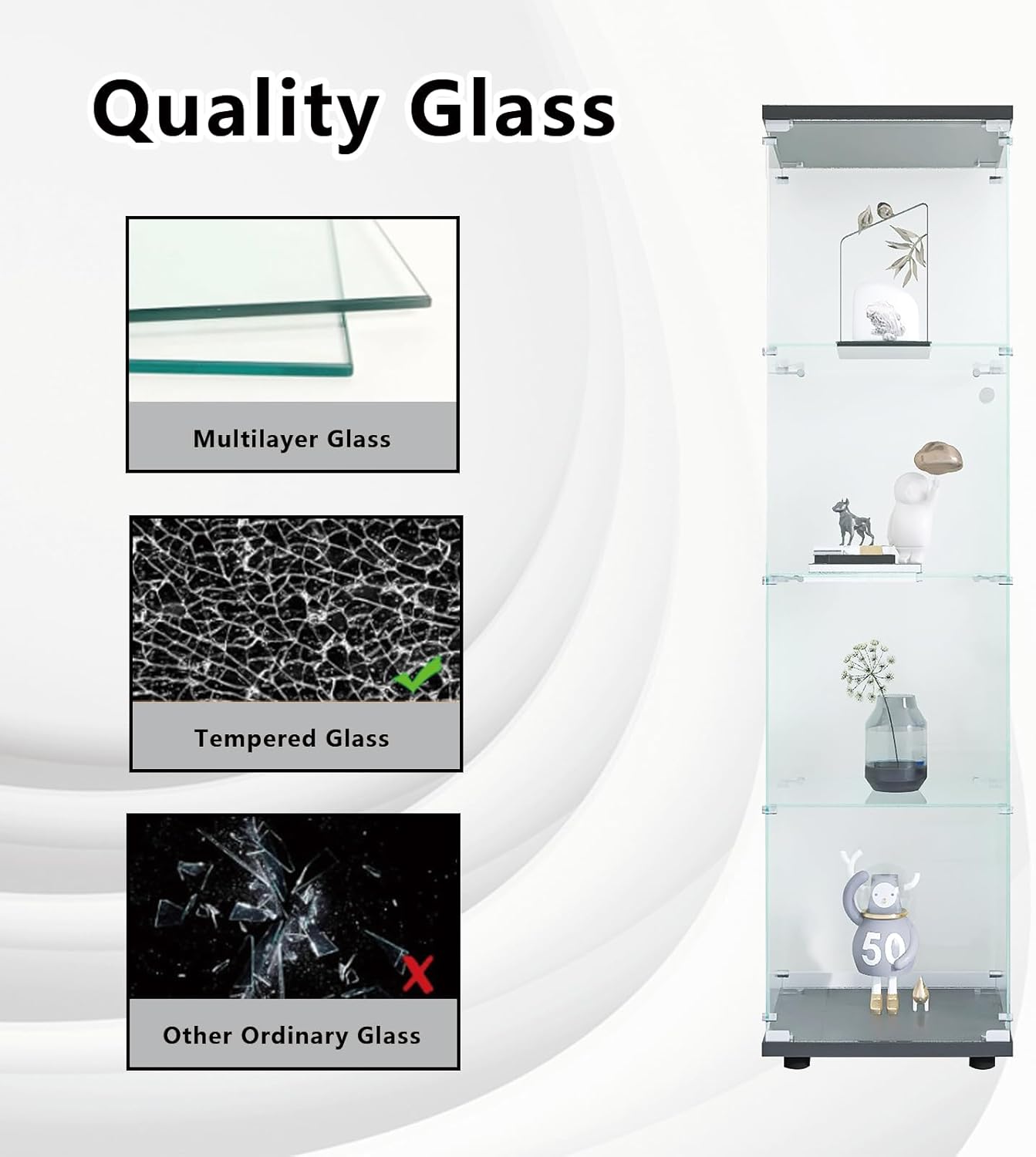 Glass Display Cabinet 4 Shelves with Door,4mm TemperedGlass CurioCabinets Floor Standing Bookshelf for Living Room,Bedroom,Office