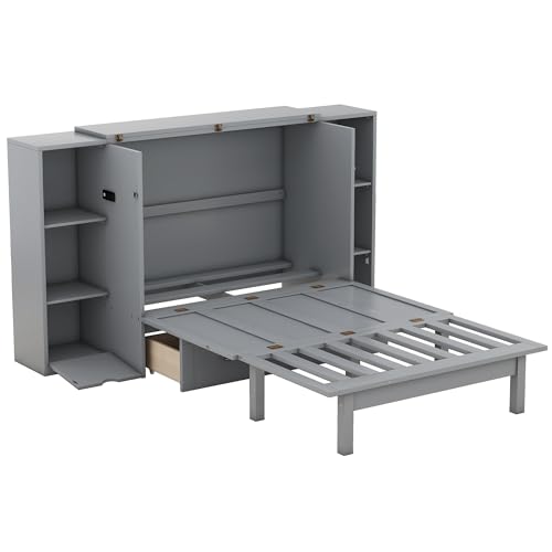 Murphy Bed Queen Size Cabinet with Storage 2 Drawers 6-Layer Shelves and USB Ports, Wood Versatile Platform Bed Frame