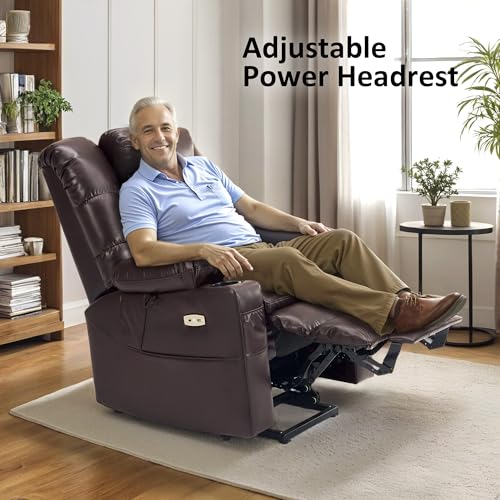 MCombo Large Triple Motor Power Lift Recliner Chair with Massage and Dual Heating, Adjustable Headrest for Tall Elderly People, Faux Leather 7634 (Dark Brown, Large)