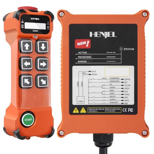 6 Channel 12-65V 12V 24V DC Industrial Wireless Crane Radio Remote Control for Electric Chain Hoist Overhead Bridge Travelling Crane Transmitter and Receiver w/E-Stop Push Button