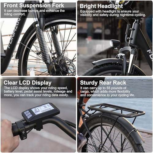 Electric Bike for Adults, 26" 1000W Peak City Cruiser Ebike, 21.7MPH 50 Miles Commuter Electric Bicycle with 48V 374.4WH Removable Li-ion Battery, Adjustable Stem, Rear Rack, Fenders, 7-Speed