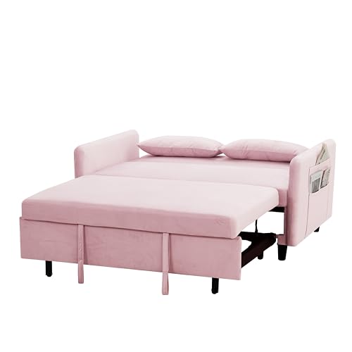 Sleeper Sofa Couch Bed 3-in-1 with Two Pillows-Soft Velvet Surface and Handy Pull-Out Bed Strap - Ideal for Guest Rooms, Pink