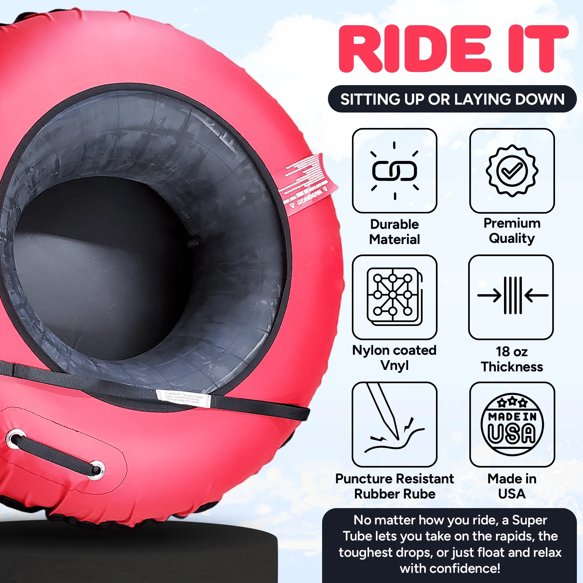 SUPER TUBE | River Tubes for Floating Heavy Duty for Adults and Kids | River Raft Float Inner Tube | Made in USA | Inflatable Water Tubes for Floating (Red)