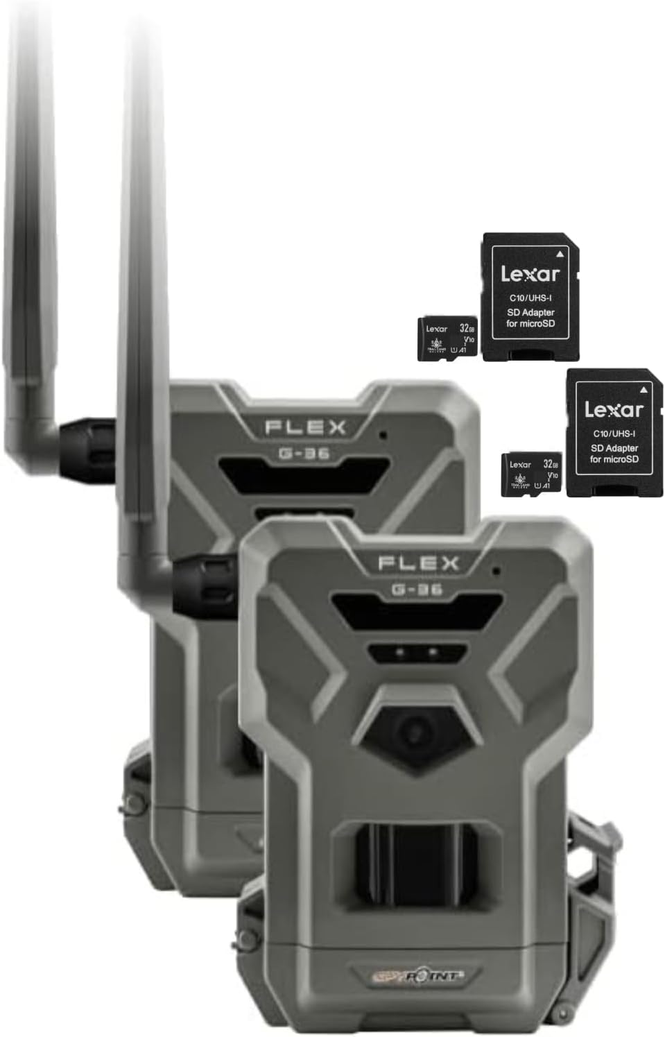 SPYPOINT Flex G-36 Cellular Trail Camera, 36MP Photos and 1080p Videos with Sound, GPS Enabled, Dual-Sim LTE Connectivity, 100' Flash & Detection Range with Lexar 32GB Micro SD Card (Pack of 2)