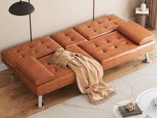 DWVO Futon Sofa Bed, Modern Folding Futon Set, Faux Leather Upholstered Modern Convertible Folding Futon Couch with Removable Armrests, Adjustable Loveseat with 2 Cup Holders for Living Room, Black