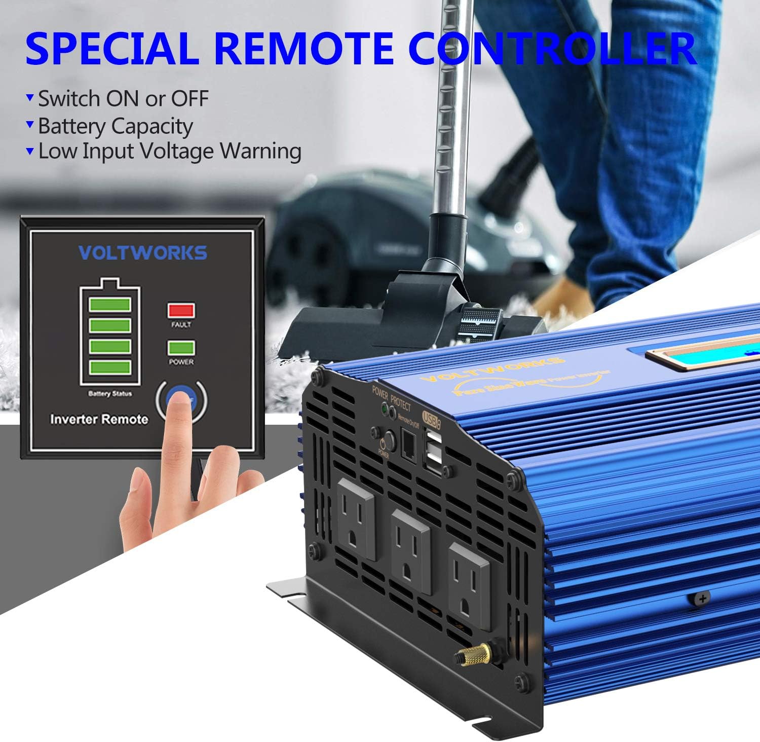 1500W Pure Sine Wave Power Inverter DC 12v to AC 110V-120V with Remote Control LCD Display and 2x2.4A Dual USB Ports 3 AC Outlets for Home RV Truck by VOLTWORKS