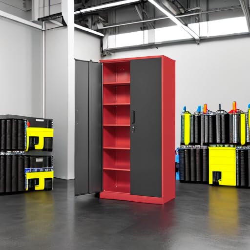 Yizosh Metal Garage Storage Cabinet with 2 Doors and 5 Adjustable Shelves - 71" Steel Lockable File Cabinet,Locking Tool Cabinets for Office,Home,Garage,Gym,School (Gray White)
