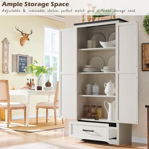 72" Tall Farmhouse Kitchen Pantry with Adjustable Shelves, Wood Rustic Storage Cabinet with Drawer & Barn Doors, Versatile Storage for Dining Room, Living Room, Bathroom, White