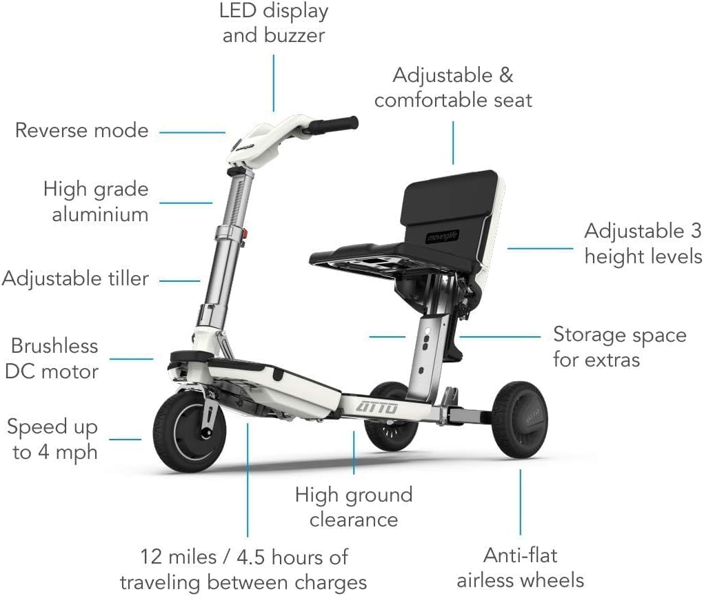 Generic ATTO Folding Mobility Scooter with Extended Range Battery - 25 Miles Travel Range on a Single Charge-Free Challenger Accessory with Purchase (Ships Separately!), White
