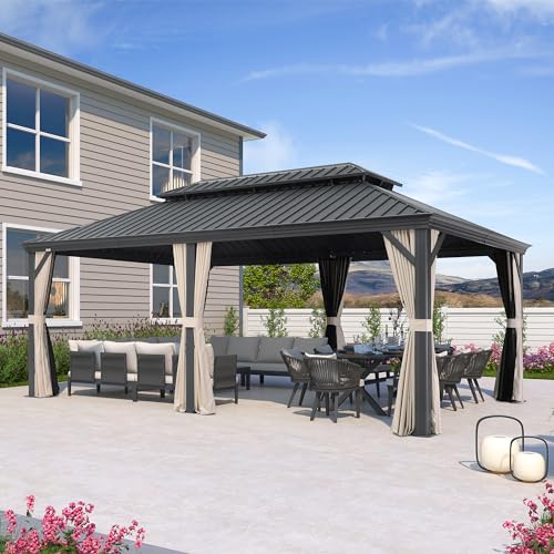 PURPLE LEAF 10' X 14' Permanent Hardtop Gazebo Aluminum Gazebo with Galvanized Steel Double Roof for Patio Lawn and Garden, Curtains and Netting Included, Grey