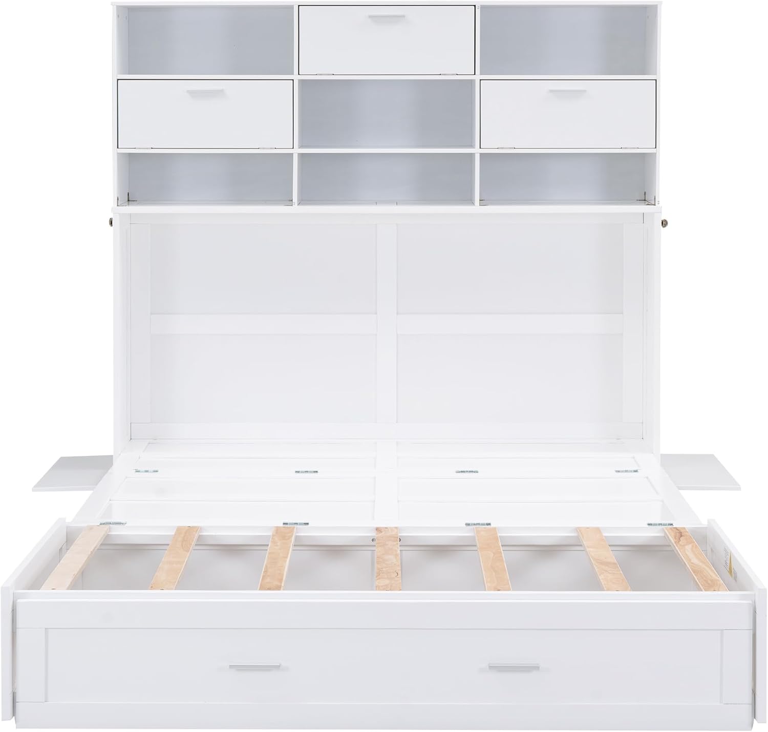 Queen Murphy Bed Cabinet Bed with Bookcase, Bedside Shelves and a Big Drawer for Guest Room or Home Office, White