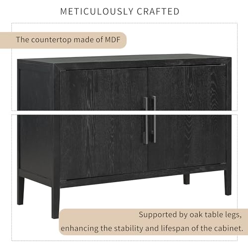 P PURLOVE Sideboard Storage Cabinet with 4 Doors, Retro Large Storage Space Buffet Cabinet with Adjustable Shelves, Sideboard for Hallway, Entryway, Living Room, Dining Room (Black)