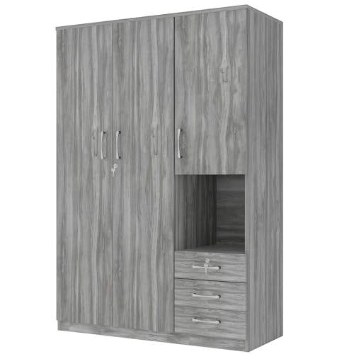 Merax Wooden Wardrobe Closet Organizer with Big Drawers, Hanging Rail and Shelves Tall 3 Doors Armoire Clothes Storage Cabinet for Bedroom, Laundry & Living Room, Easy Assembly, Grey