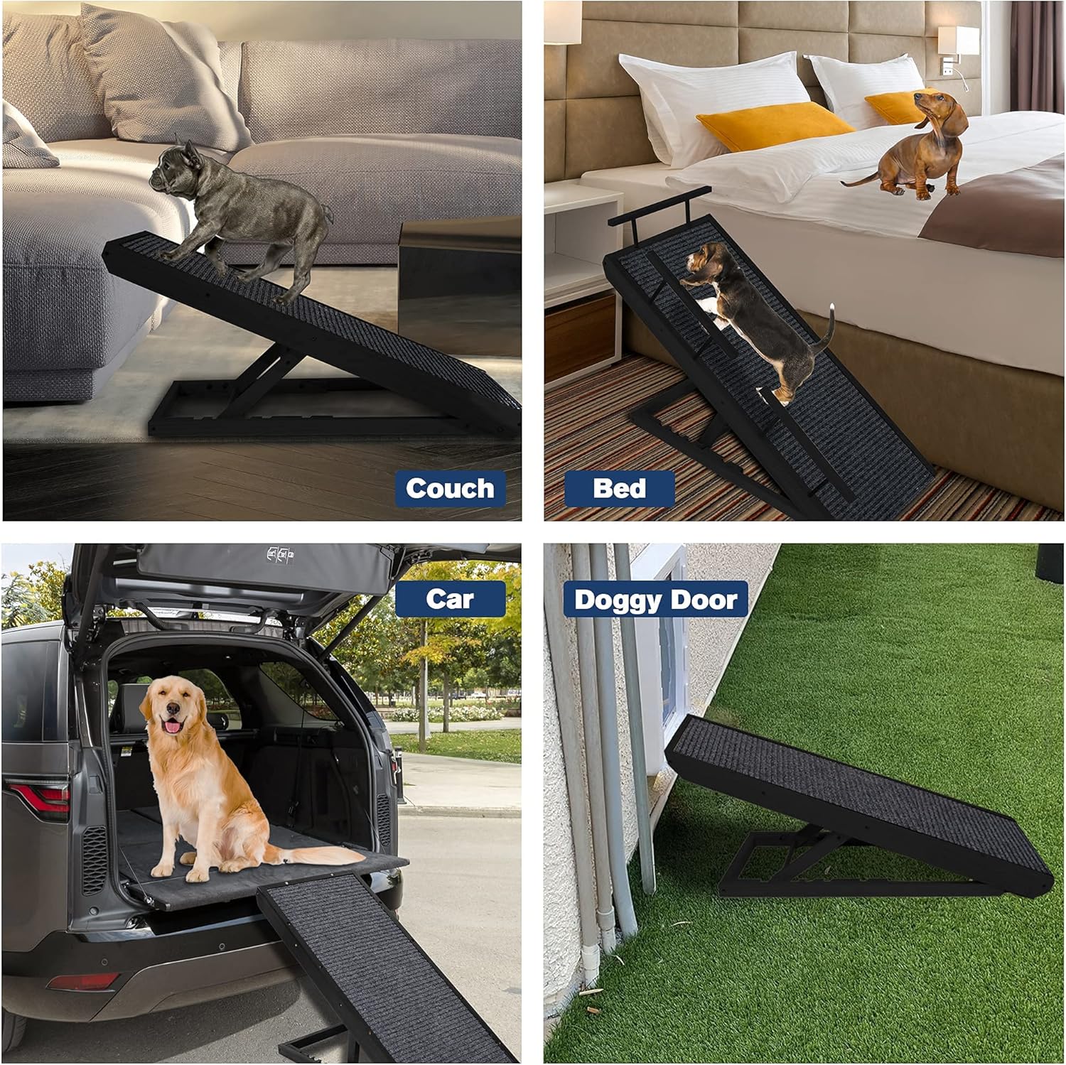 Rampaw Adjustable Pet Ramp for Small Dogs and Cats - for Couch or Bed with Paw Non Slip Traction Mat, Adjustable Height from 12 to 24 in - Sturdy, with Safety Side Rails, Dog Training Manual (Black)