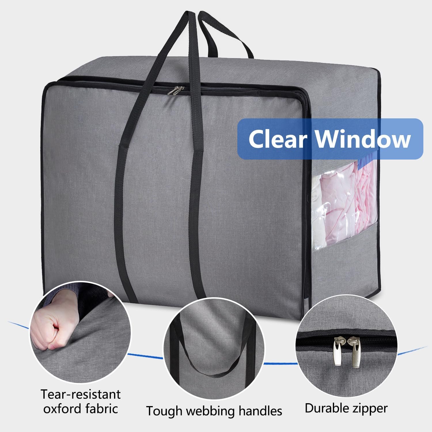 Thick Over Size Storage Bag, Folding Organizer Bag, Under Bed Storage, College Carrying Bag for Bedding Comforters, Blanket, Clothes (Grey)