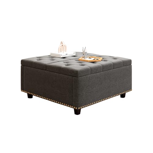 Large Square Storage Ottoman Coffee Table, 32'' Oversized Square Ottoman with Storage, Linen Upholstered Storage Ottomans with Lift Top & Nailhead Trim for Living Room, Light Grey